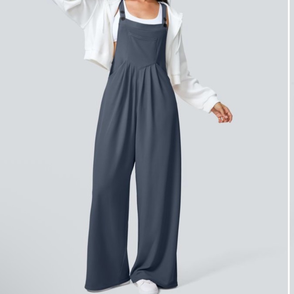 NWT Halara Adjustable Strap Button Waffle Overalls Wide Leg Grisaille Blue Large